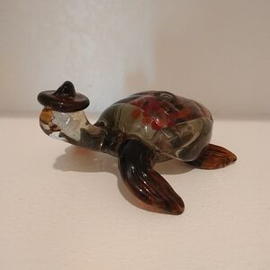 Hand Blown Glass Turtle Figurine Wearing Hat